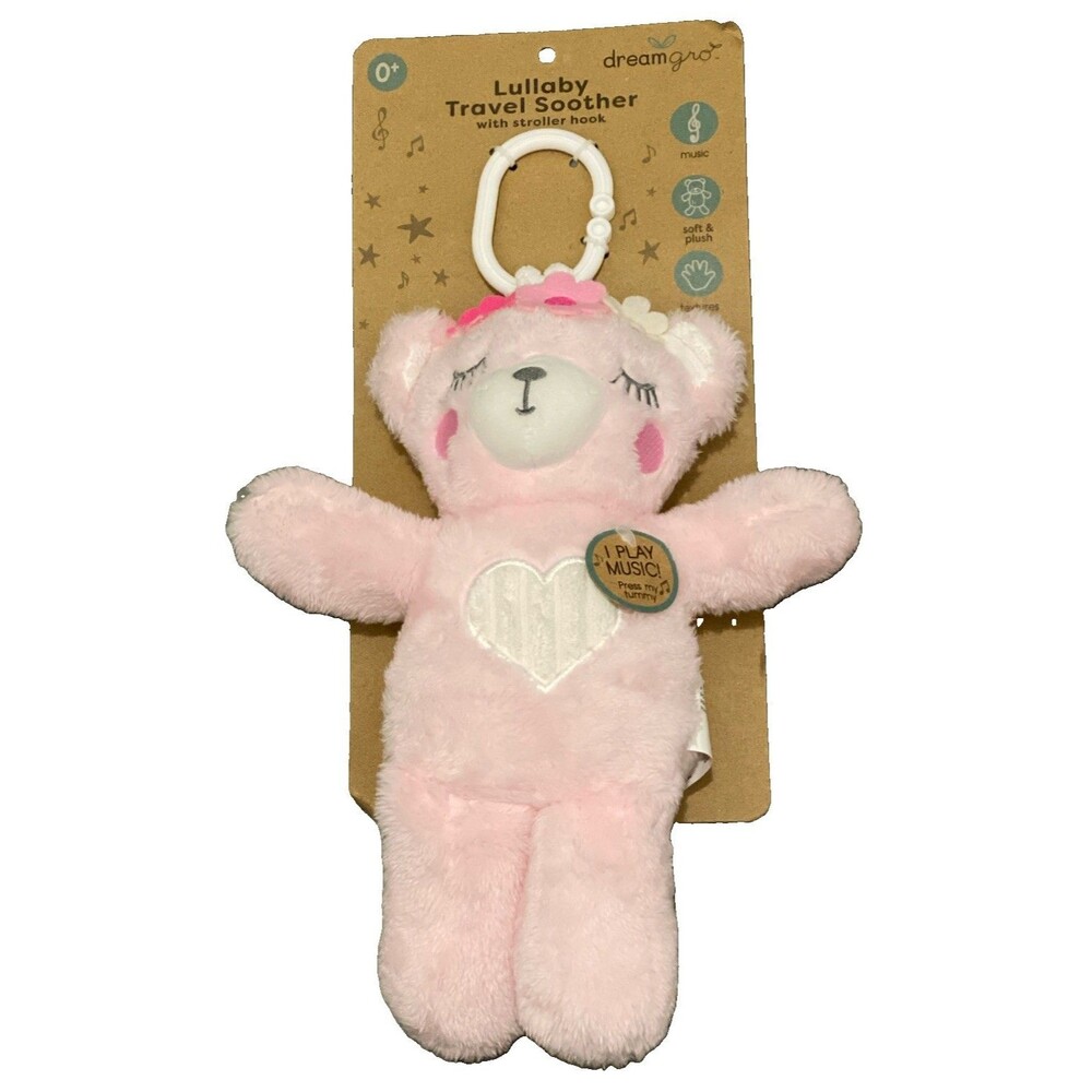 Dreamgro Lullaby Travel Soother Stroller Hook Lovey Toy Musical Pink Bear NEW